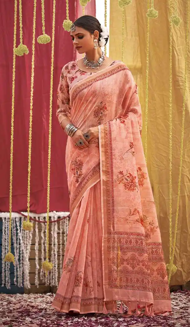 Pink Color Linen Designer Party wear Sequins Woven Saree - 3710149191