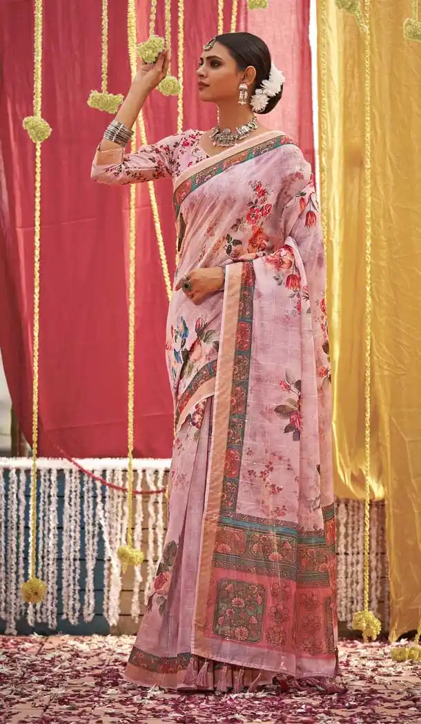 Lavender Color Linen Designer Party wear Sequins Woven Saree - 3710149193