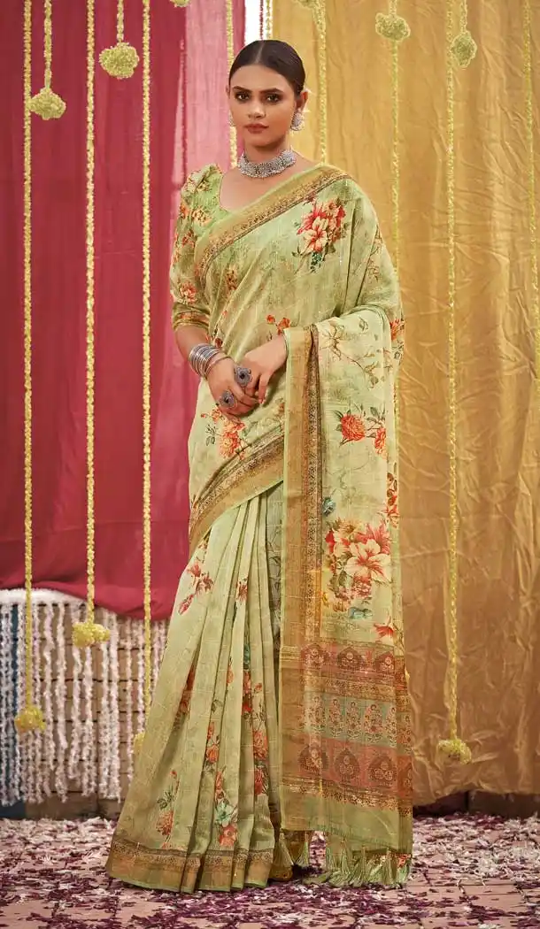 Sage Green Color Linen Designer Party wear Sequins Woven Saree - 3710149194