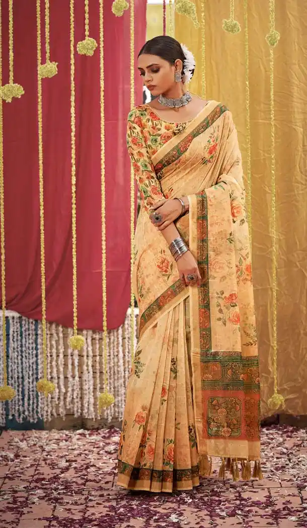 Peach Color Linen Designer Party wear Sequins Woven Saree - 3710149195