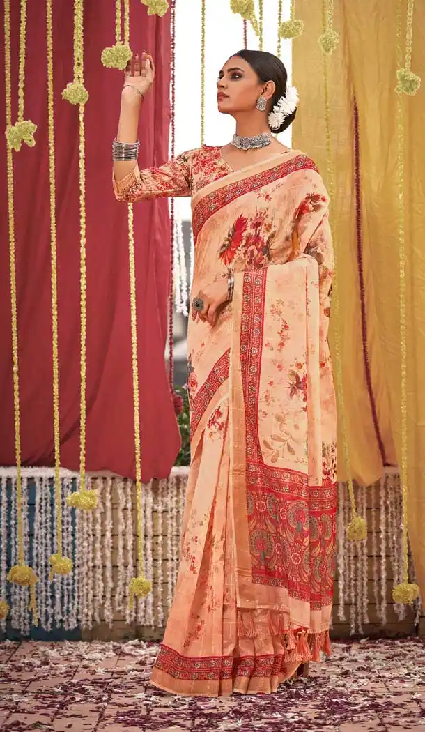Rose Gold Color Linen Designer Party wear Sequins Woven Saree - 3710149196