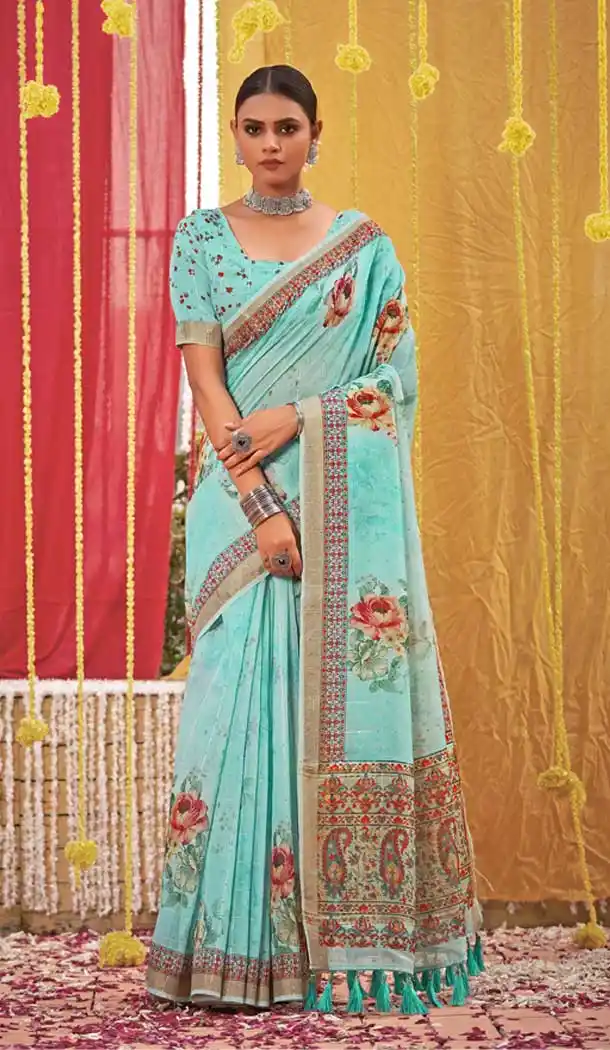 Sky Blue Color Linen Designer Party wear Sequins Woven Saree - 3710149197