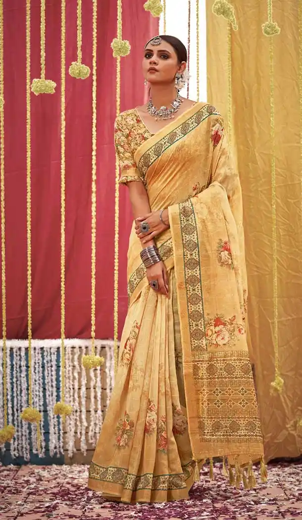 Mustard Color Linen Designer Party wear Sequins Woven Saree - 3710149198