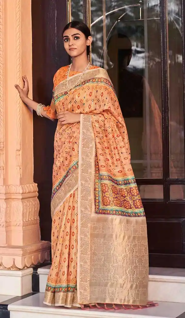 Orange Color Linen Fancy Evening Party Wear Saree - 3712149205