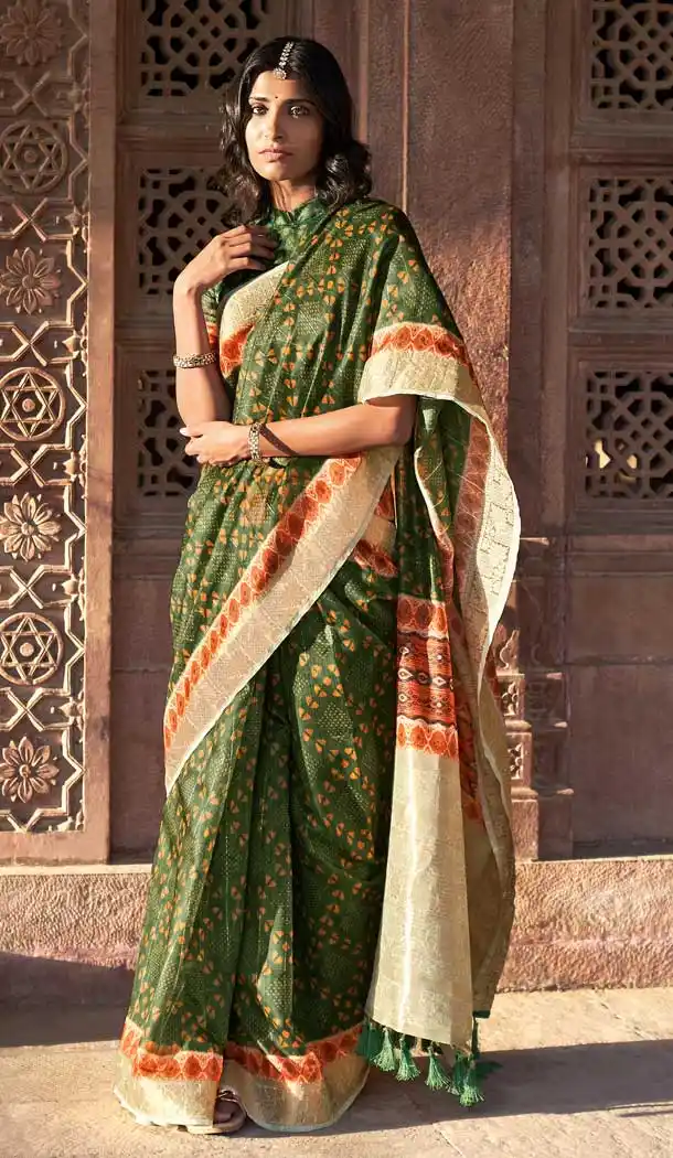 Dark Green Color Linen Fancy Evening Party Wear Saree - 3712149207
