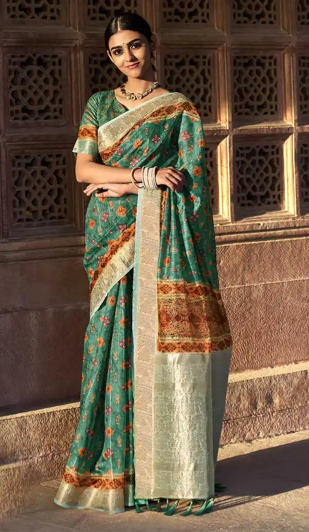 Peacock Green Color Linen Fancy Evening Party Wear Saree - 3712149210