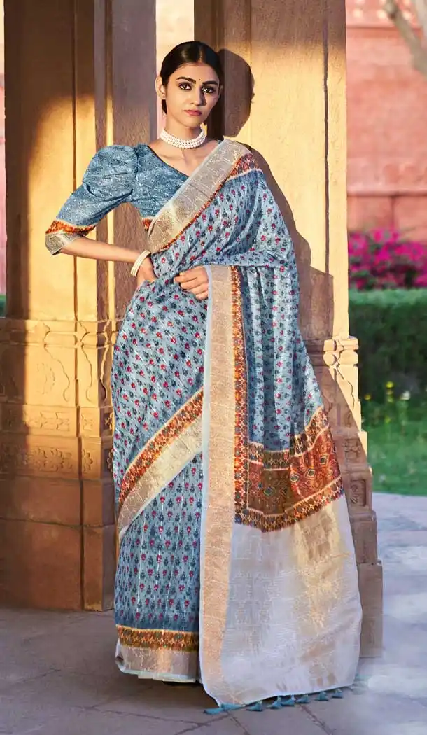 Sapphire Color Linen Fancy Evening Party Wear Saree - 3712149212
