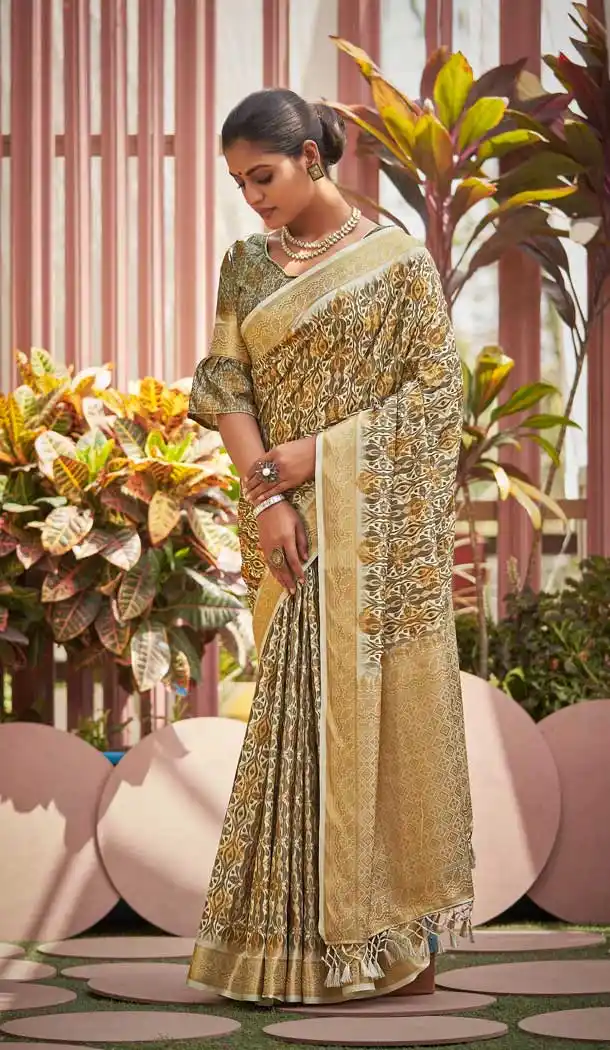 Enigmatic Cream Color Silk Digital Print Heavy Traditional Wear Saree Blouse -3707149182