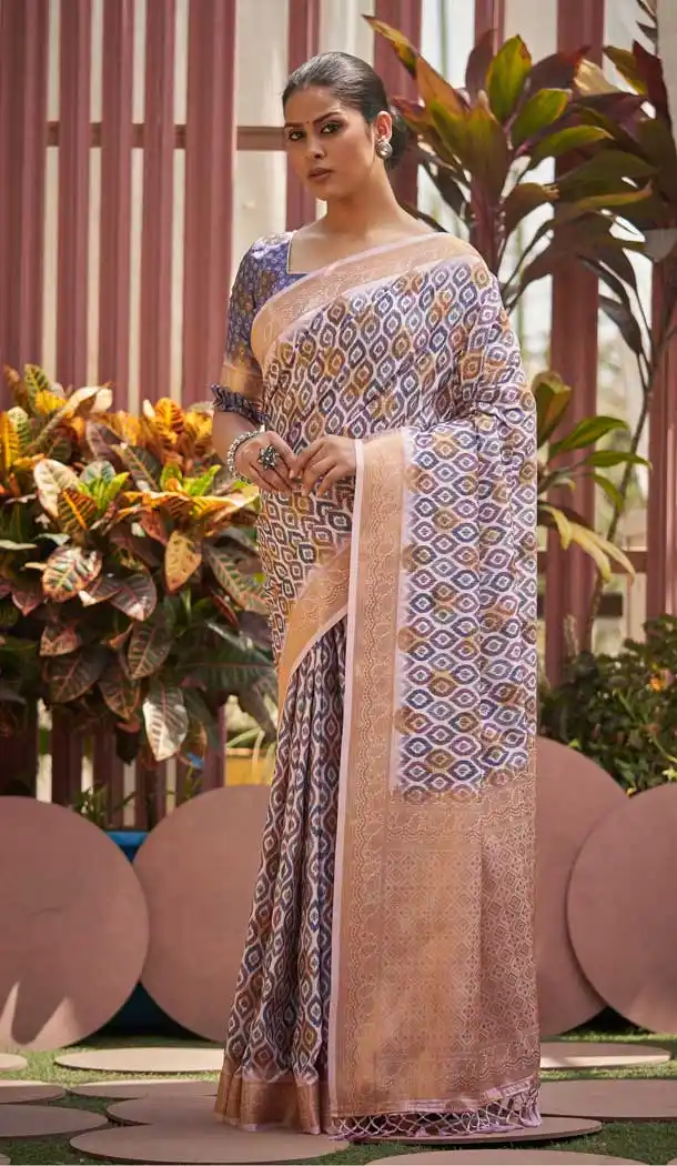 Blue and Cream Color Silk Digital Print Heavy Traditional Wear Saree Blouse -3707149183