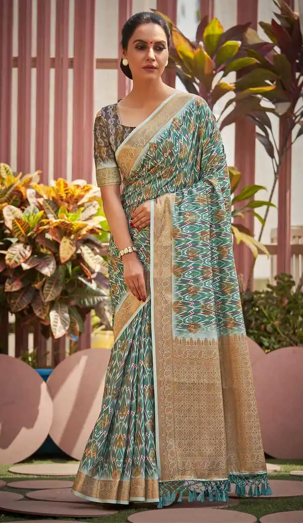 Teal and Cream Color Silk Digital Print Heavy Traditional Wear Saree Blouse -3707149186