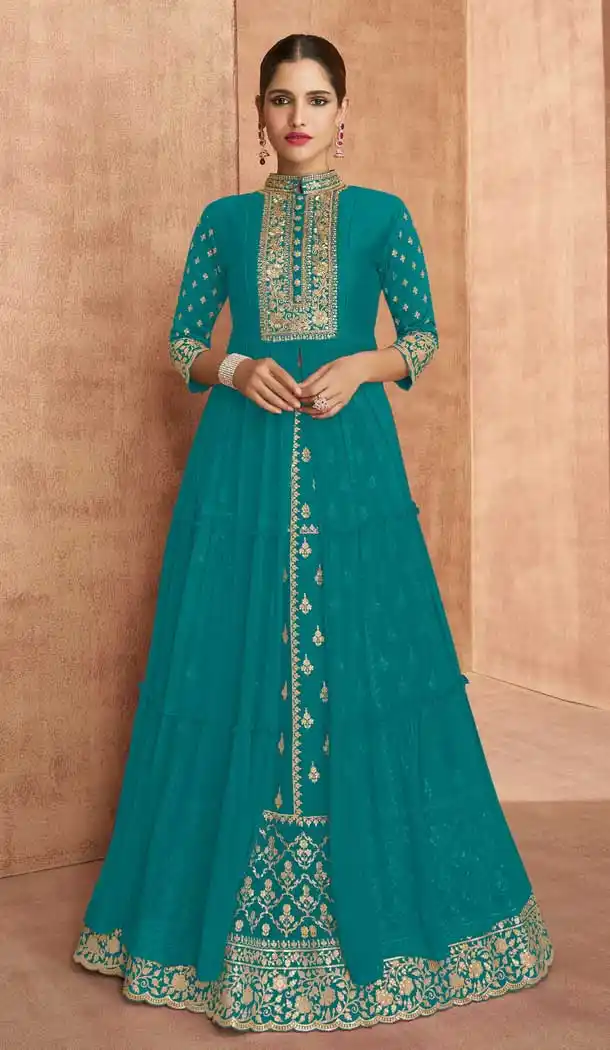 Teal Blue Color Faux Georgette Party Wear Plus Size Anarkali Salwar Suit -3715149224