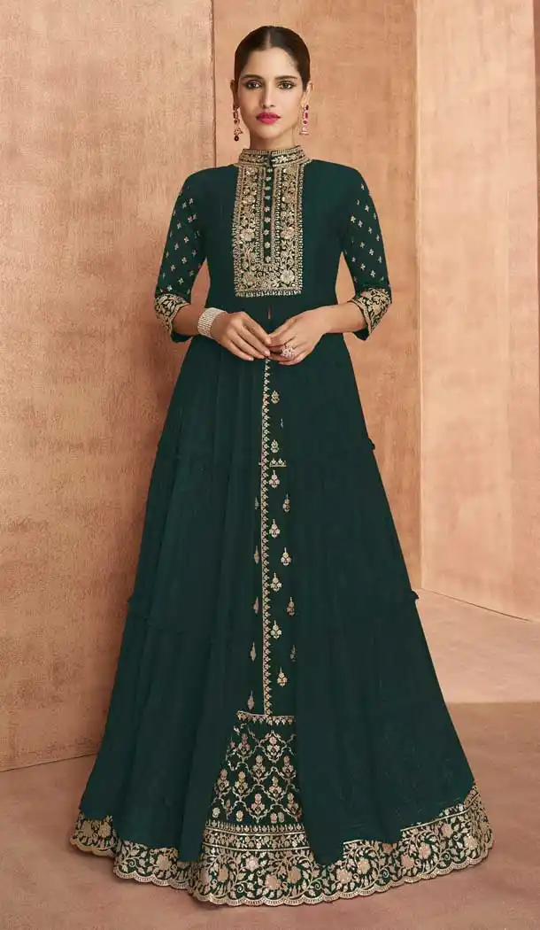 Enigmatic Dark Green Color Faux Georgette Party Wear Plus Size Anarkali Salwar Suit -3715149225