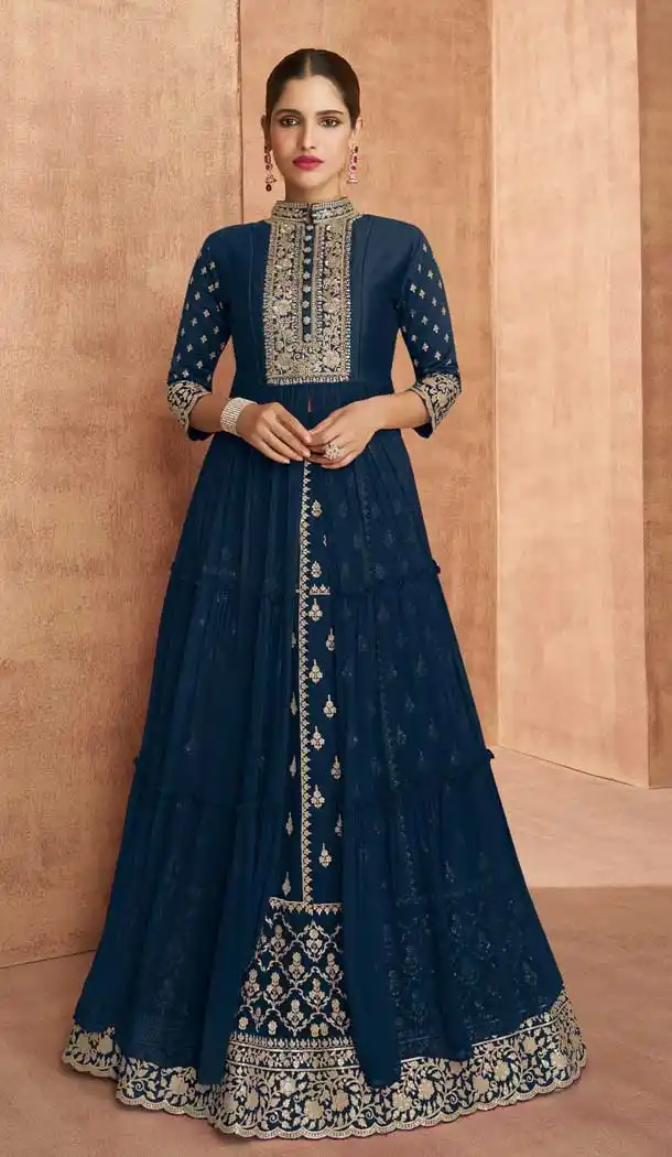 Navy Blue Color Faux Georgette Party Wear Plus Size Anarkali Salwar Suit -3715149227