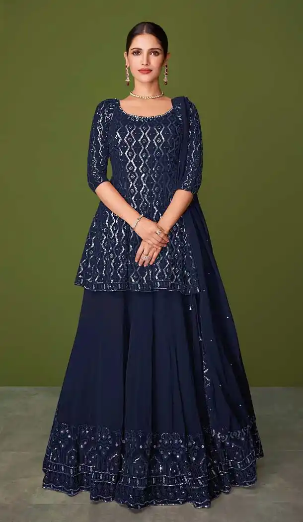 Pretty Navy Blue Color Faux Georgette Designer Party Wear Sharara Suit -3716149228