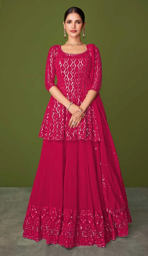 Rani Pink Color Faux Georgette Designer Party Wear Sharara Suit -3716149229