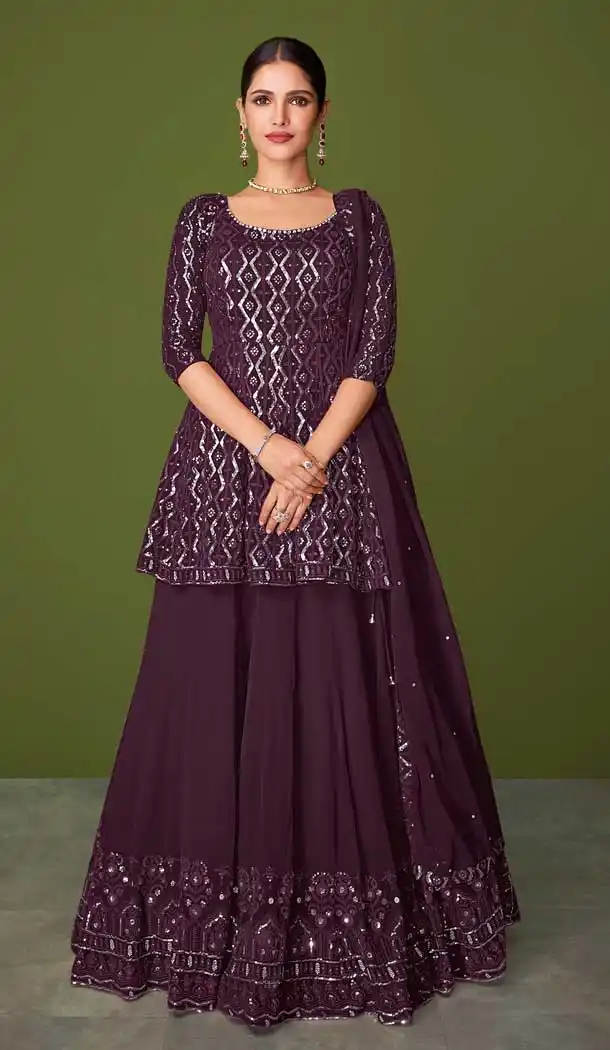Violet Color Faux Georgette Designer Party Wear Sharara Suit -3716149231