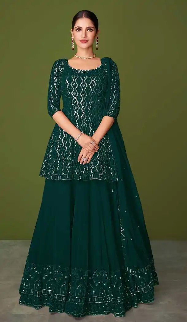 Teal Green Color Faux Georgette Designer Party Wear Sharara Suit -3716149232