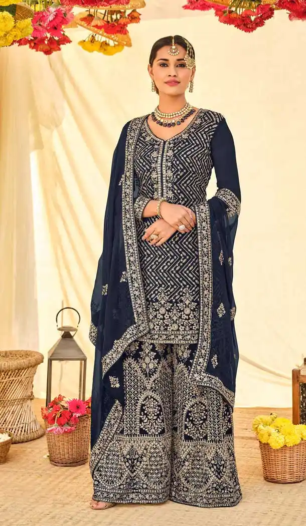 Navy Blue Color Blooming Georgette Designer Party Wear Palazzo Suit -3720149249