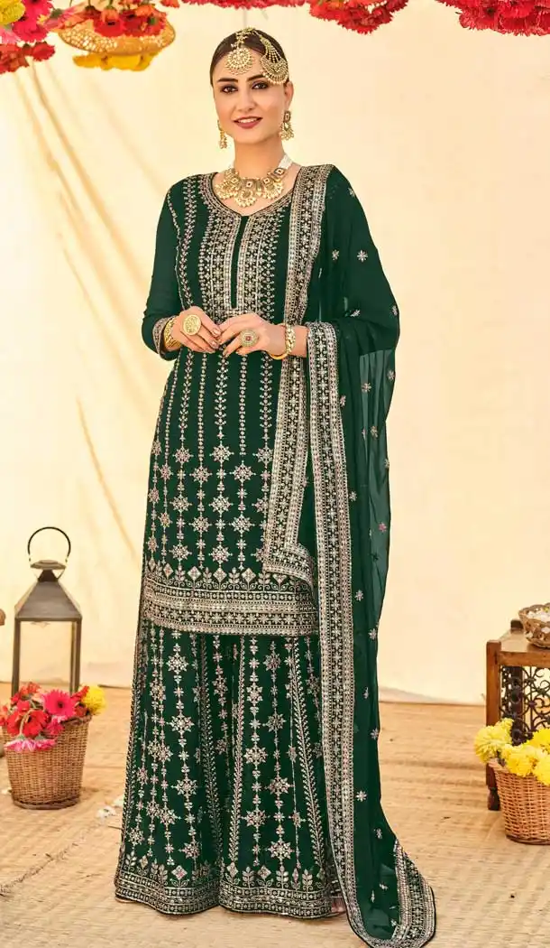 Dark Green Color Blooming Georgette Designer Party Wear Palazzo Suit -3720149250