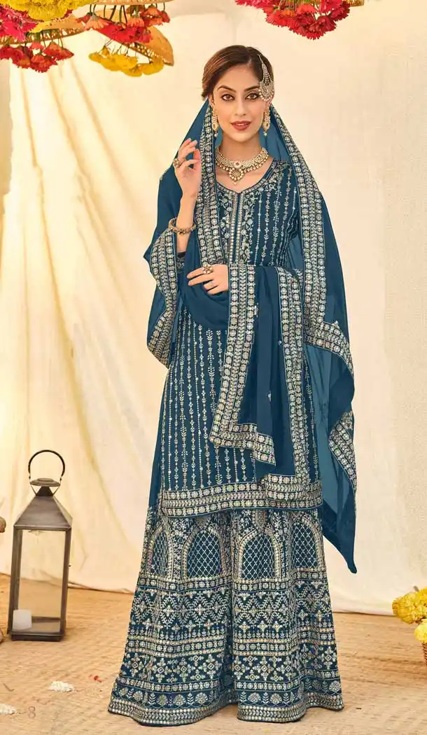 Fascinating Blue Color Blooming Georgette Designer Party Wear Palazzo Suit -3720149251