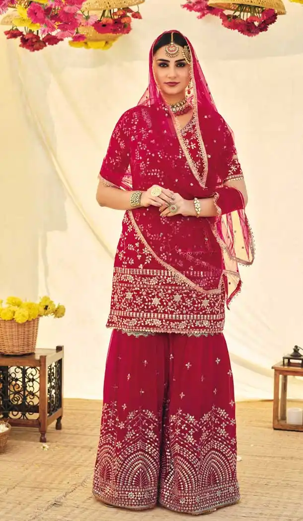 Reddish Pink Color Faux Georgette Embroidery Party Wear Sharara Suit -3721149255