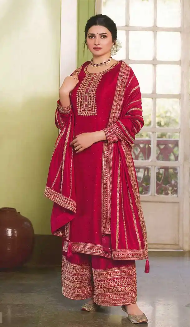 Prachi Desai Rani Pink Color Silk Georgette Trendy Party Wear Palazzo Suit -3722149257