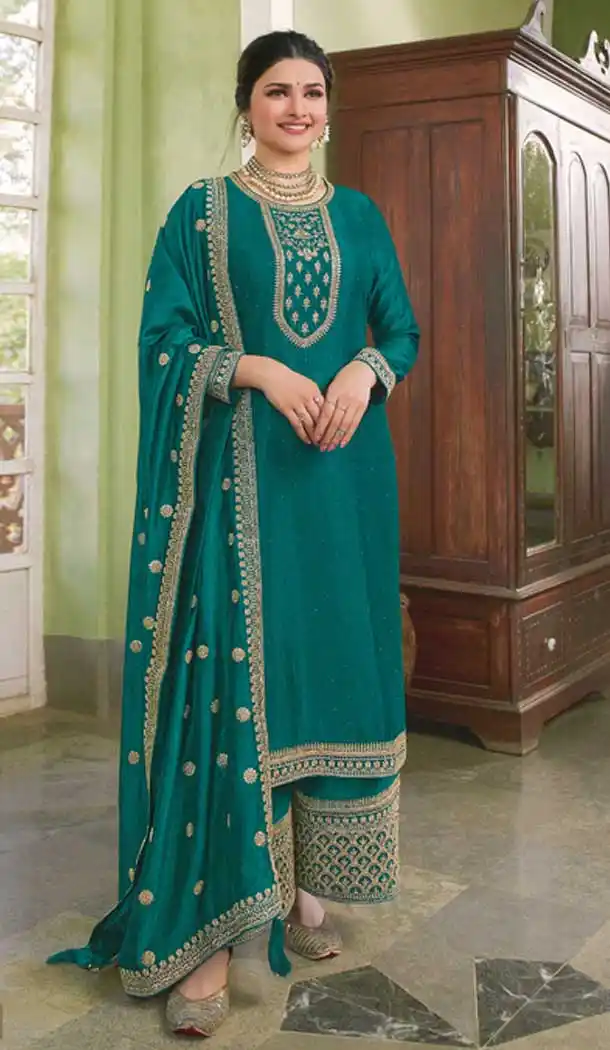 Prachi Desai Teal Blue Color Silk Georgette Trendy Party Wear Palazzo Suit -3722149258