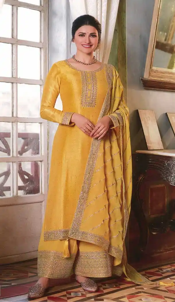 Prachi Desai Mustard Color Silk Georgette Trendy Party Wear Palazzo Suit -3722149259