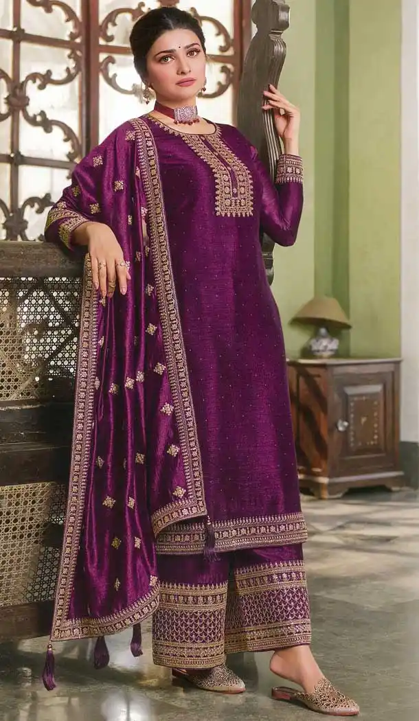 Prachi Desai Purple Color Silk Georgette Trendy Party Wear Palazzo Suit -3722149260