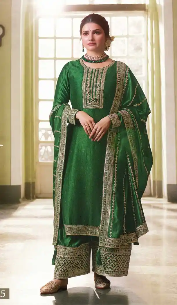 Prachi Desai Green Color Silk Georgette Trendy Party Wear Palazzo Suit -3722149261
