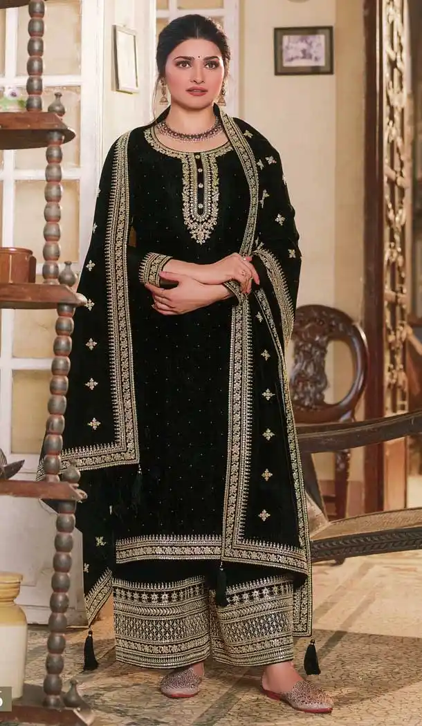Prachi Desai Black Color Silk Georgette Trendy Party Wear Palazzo Suit -3722149262