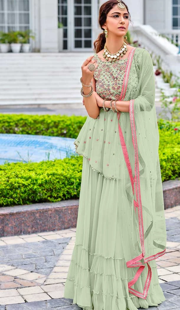 Sage Green Color Viscose Georgette Designer Party Wear Sharara Suit - 3714149222