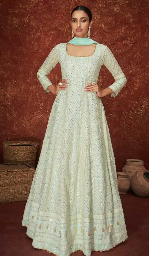 Mint Green Color Faux Georgette Heavy Wedding Wear Anarkali Suit - 3717149233