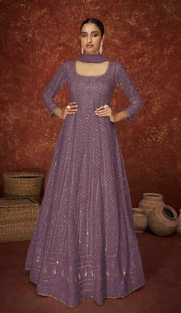 Purple Color Faux Georgette Heavy Wedding Wear Anarkali Suit - 3717149234