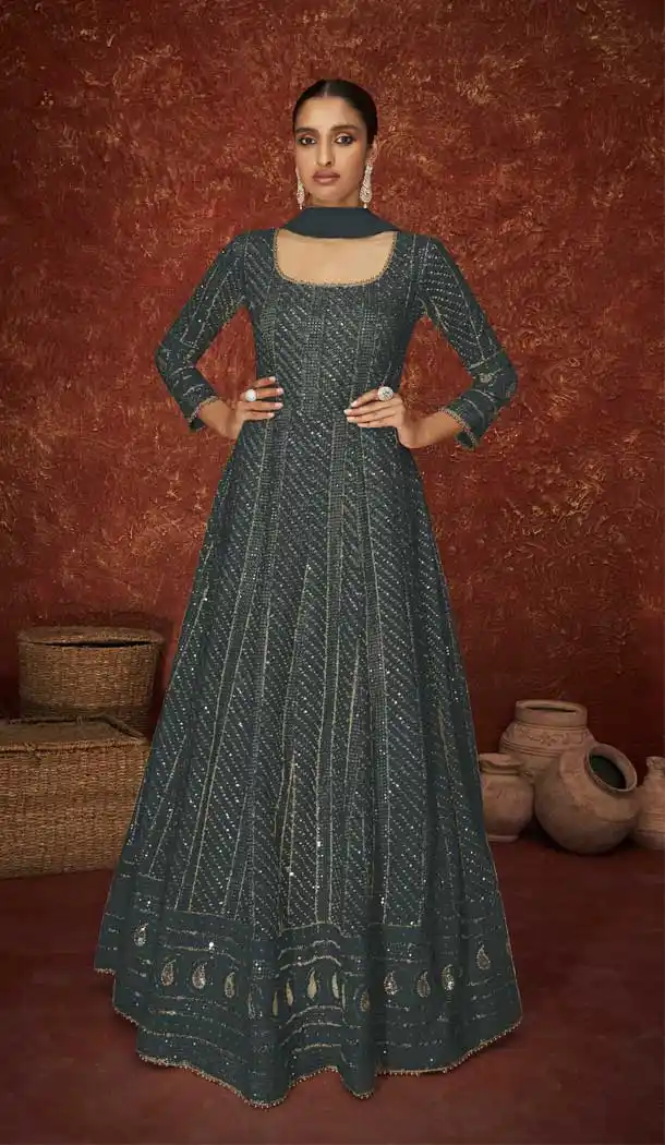 Black Color Faux Georgette Heavy Wedding Wear Anarkali Suit - 3717149235