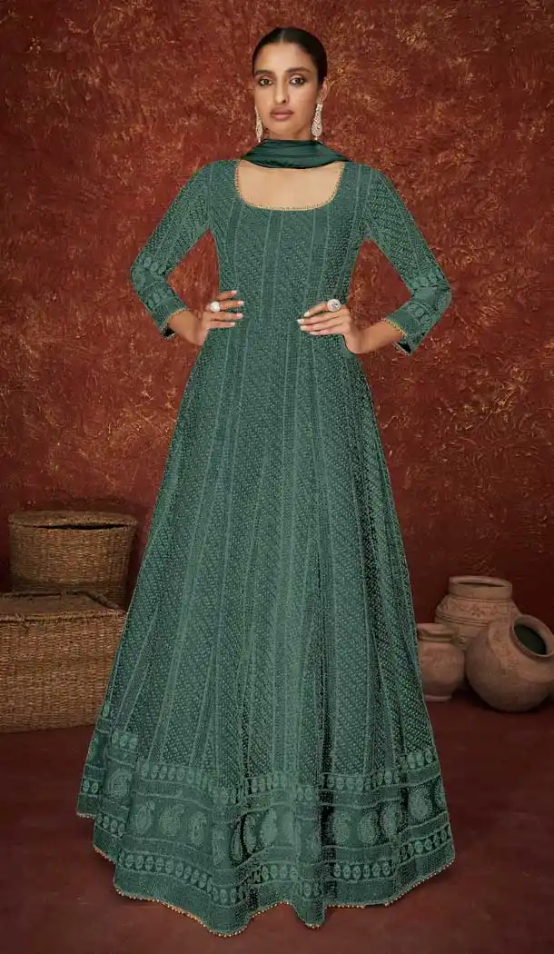 Dark Green Color Faux Georgette Heavy Wedding Wear Anarkali Suit - 3717149237