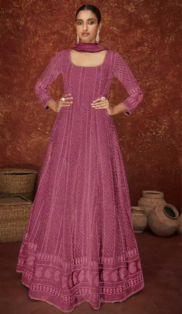 Dark Pink Color Faux Georgette Heavy Wedding Wear Anarkali Suit - 3717149238
