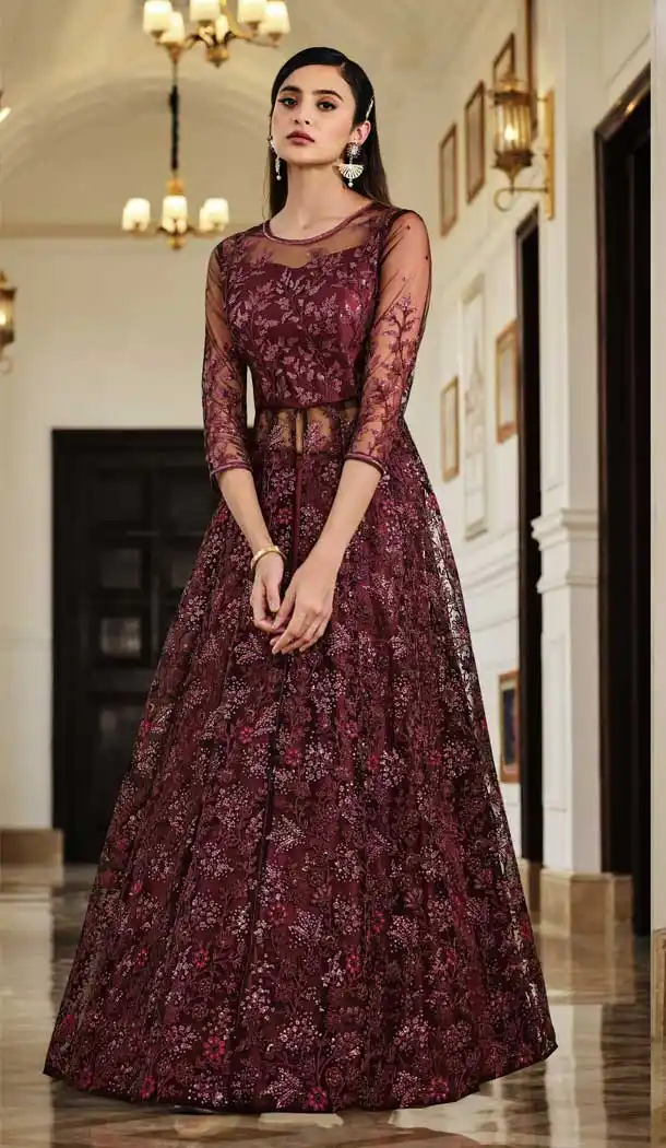Maroon Color Soft Net Designer Evening Wear Plus Size Gown Suit - 3718149239