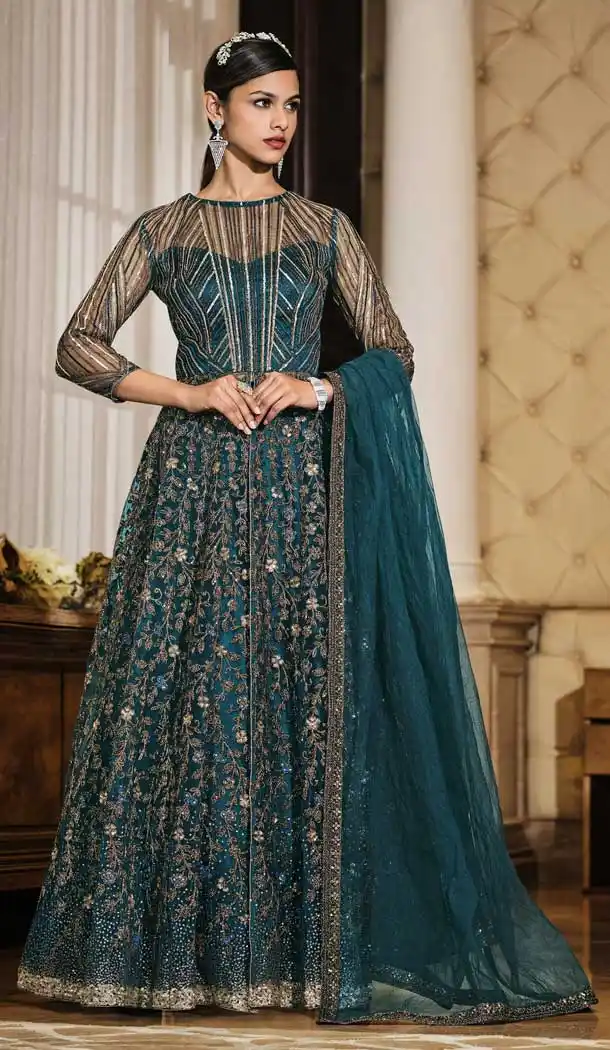 Ocean Blue Color Soft Net Designer Evening Wear Plus Size Gown Suit - 3718149240