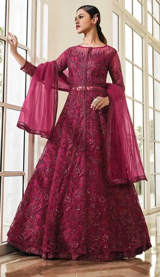 Magenta Color Soft Net Designer Evening Wear Plus Size Gown Suit - 3718149242