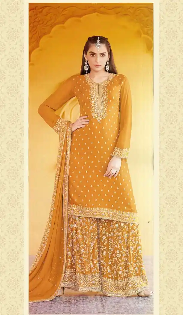 Mustard Color Faux Georgette Designer Party Function Wear Palazzo Suit - 3723149266