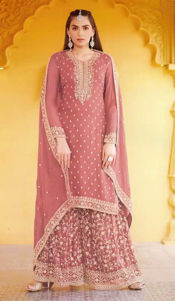 Blush Pink Color Faux Georgette Designer Party Function Wear Palazzo Suit - 3723149267
