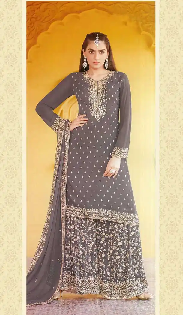 Ash Grey Color Faux Georgette Designer Party Function Wear Palazzo Suit - 3723149268