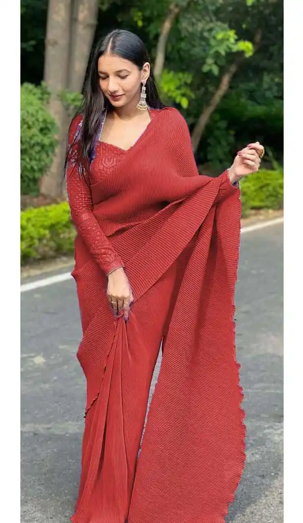 Rusty Brown Color Pleated Satin Georgette Casual Office Wear Saree - 3729149303