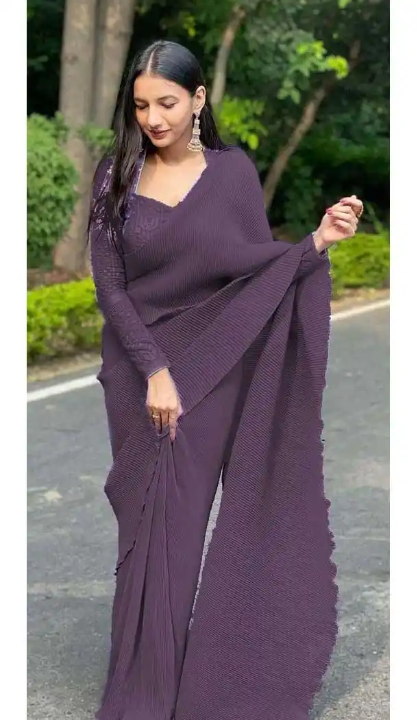 Eggplant Violet Color Pleated Satin Georgette Casual Office Wear Saree - 3729149304