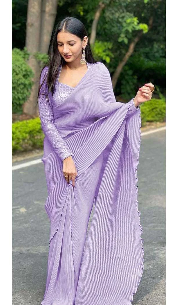 Lilac Color Pleated Satin Georgette Casual Office Wear Saree - 3729149305