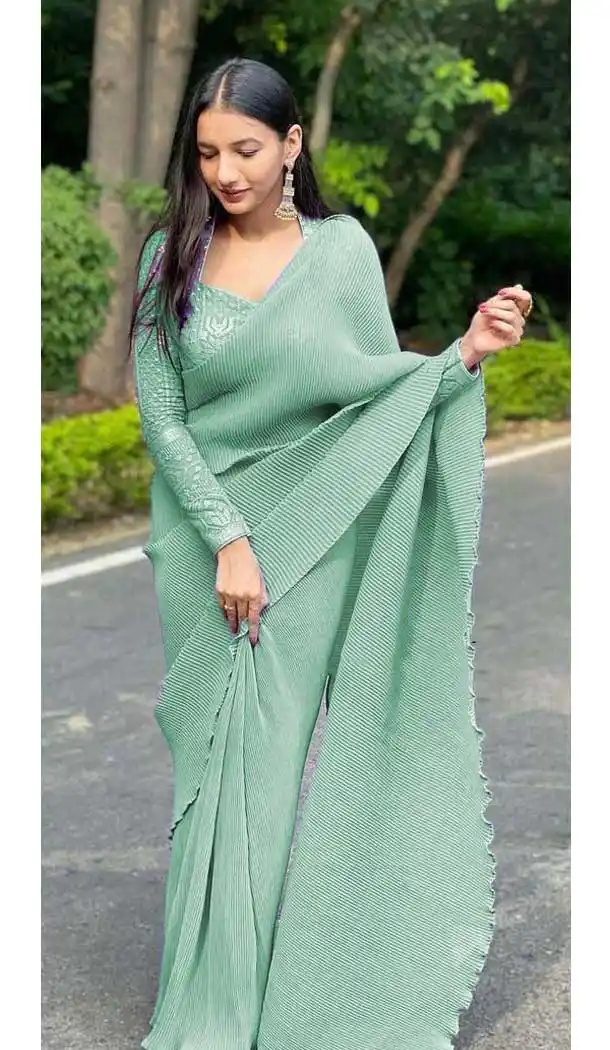 Sage Green Color Pleated Satin Georgette Casual Office Wear Saree - 3729149306