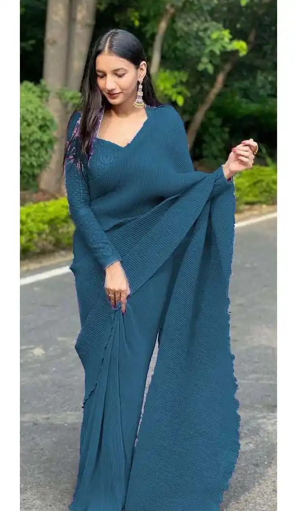 Ocean Blue Color Pleated Satin Georgette Casual Office Wear Saree - 3729149308