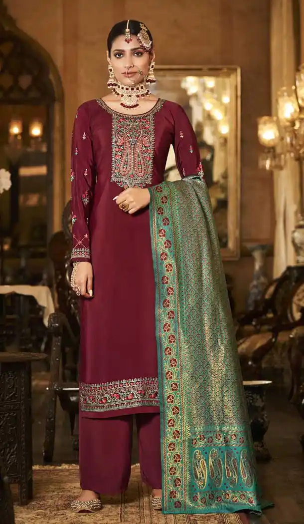 Adorable Wine Color Soarer Crepe Evening Party Wear Salwar Kameez -3774149609