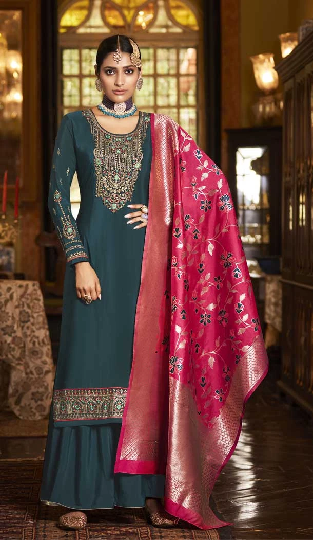 Splendorous Blue Color Soarer Crepe Evening Party Wear Salwar Kameez -3774149610